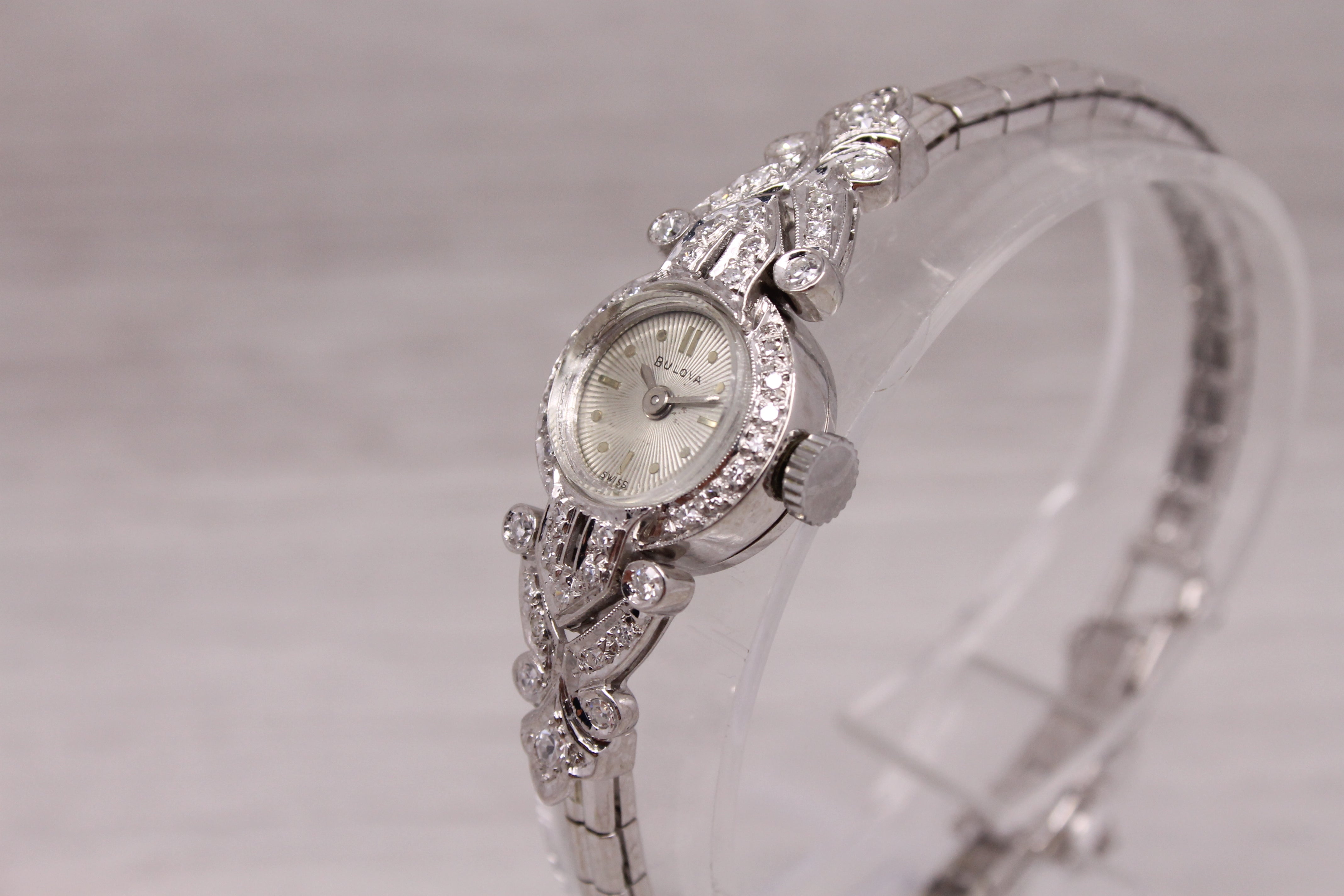 Dark Gray Vintage Bulova Ladies 14k White Gold & Diamond Wrist Watch 0.30ctw - Serviced -