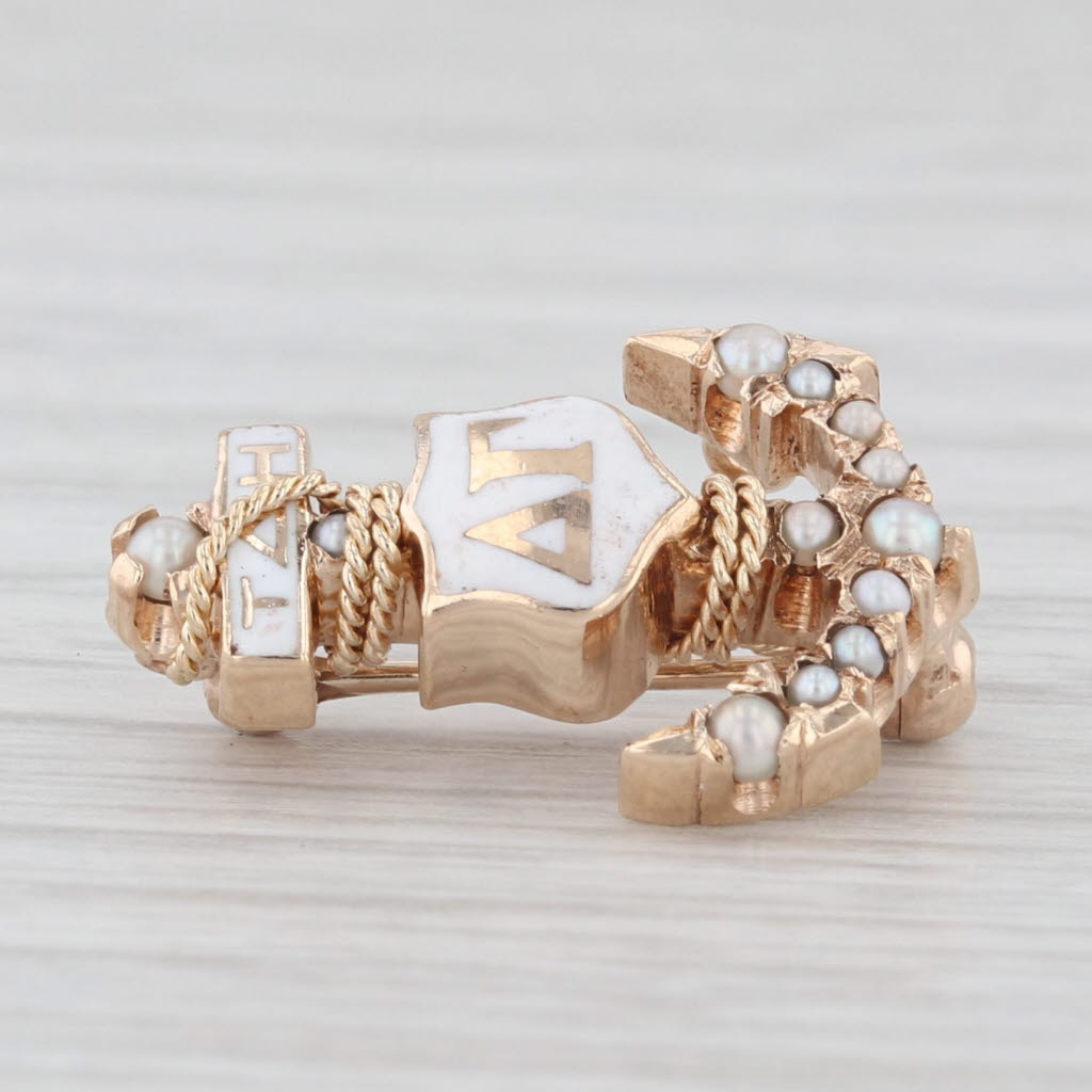 Light Gray Vintage Delta Gamma Sorority Anchor Badge 10k Yellow Gold Pearls Greek Pin