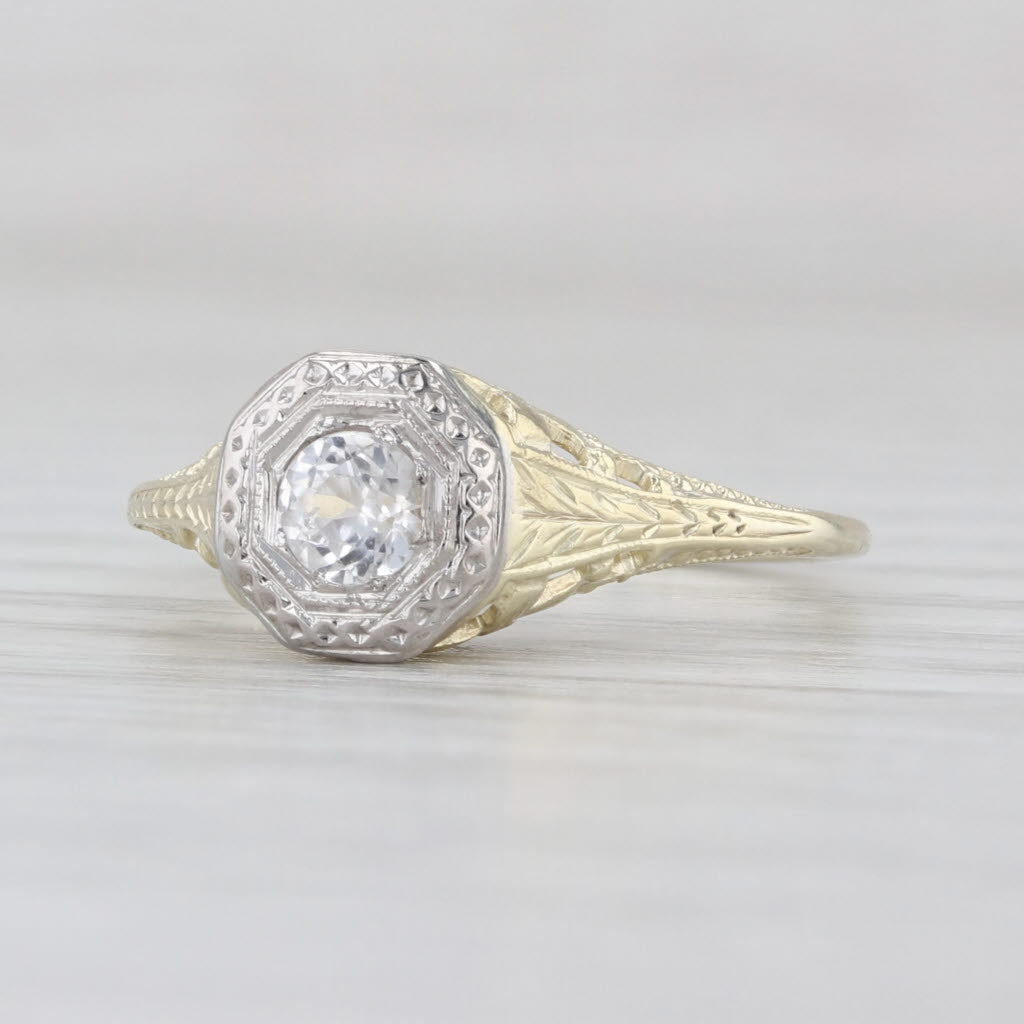 Lab Created White Sapphire Engagement Ring 14k White Yellow Gold Vintage Style