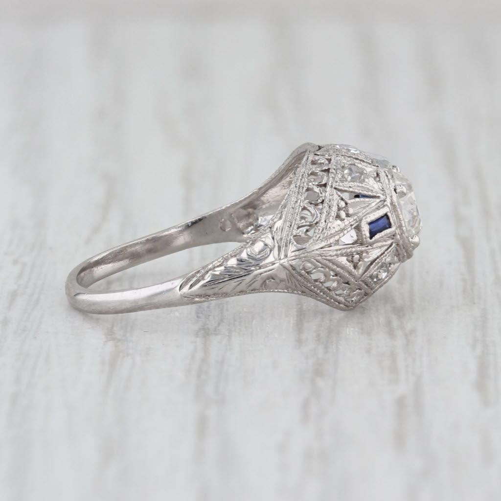 Art Deco 0.47ctw Old European Diamond Lab Sapphire Engagement Ring Platinum