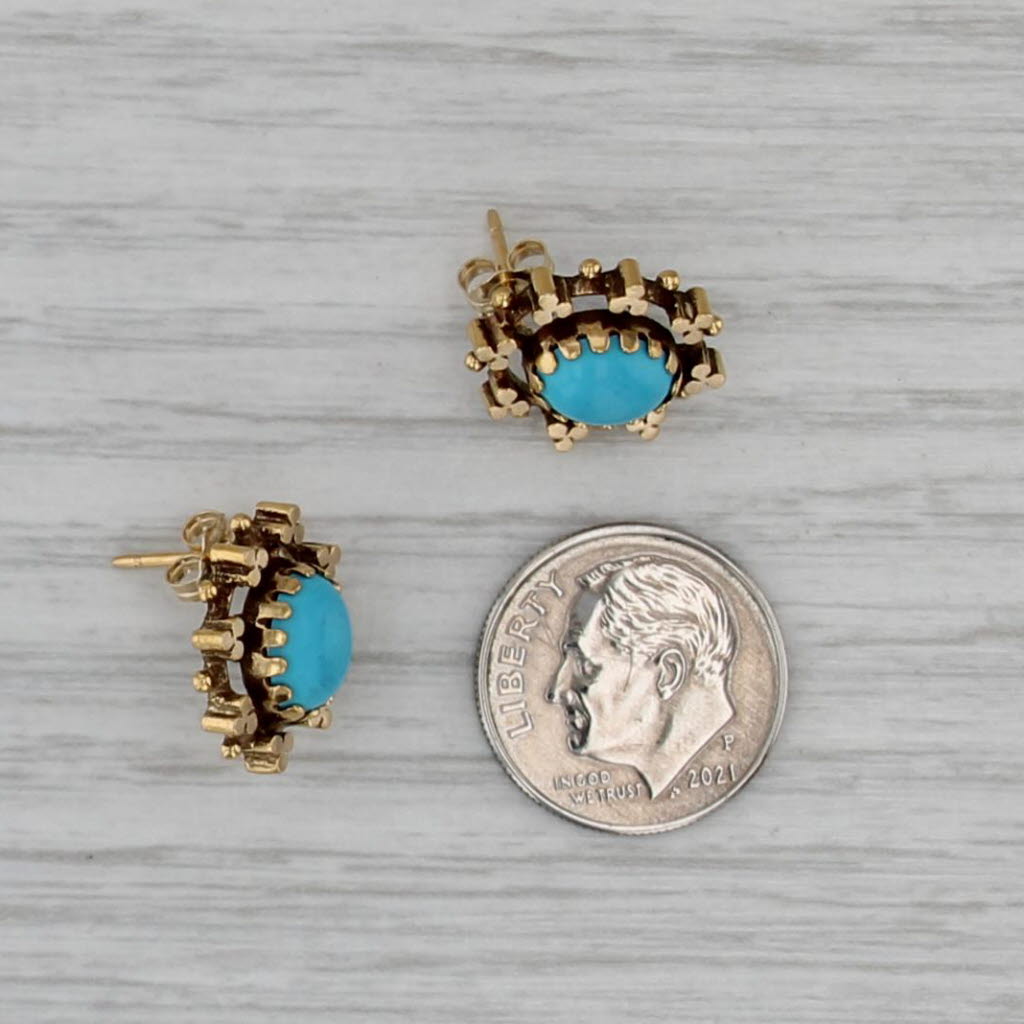 Vintage Imitation Turquoise Resin Stud Earrings 14k Yellow Gold Oval Cabochon