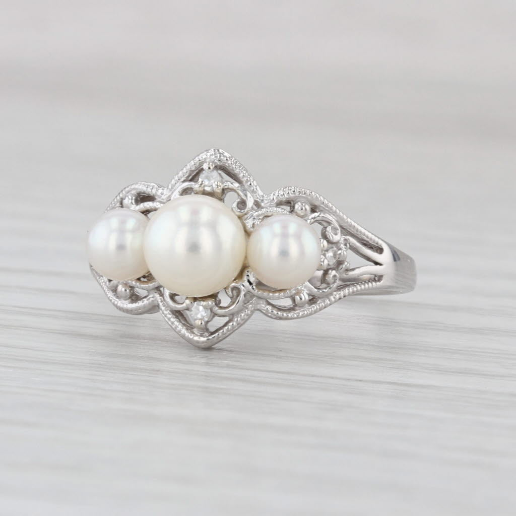 Cultured Pearl 3-Stone Diamond Ring 10k White Gold Size 6.75