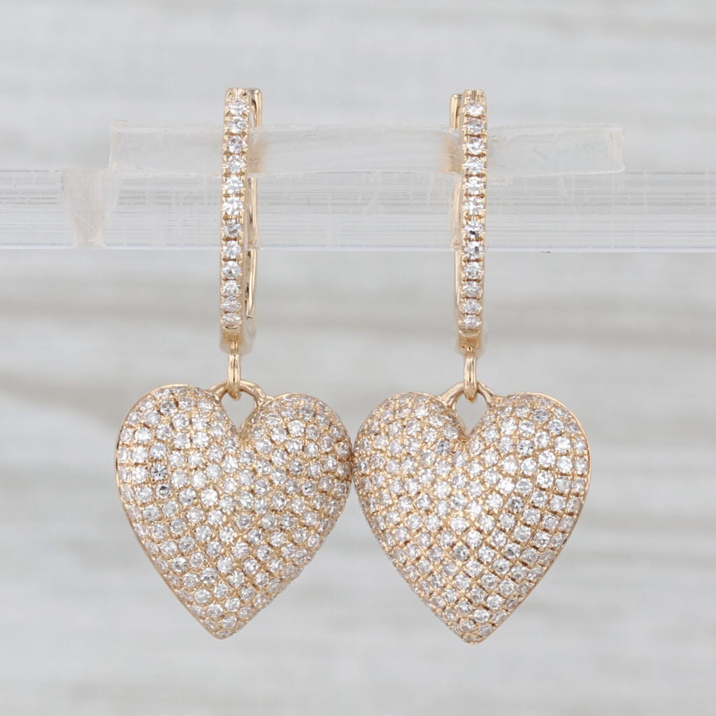 0.70ctw Pave Diamond Heart Dangle Earrings 14k Yellow Gold Drops