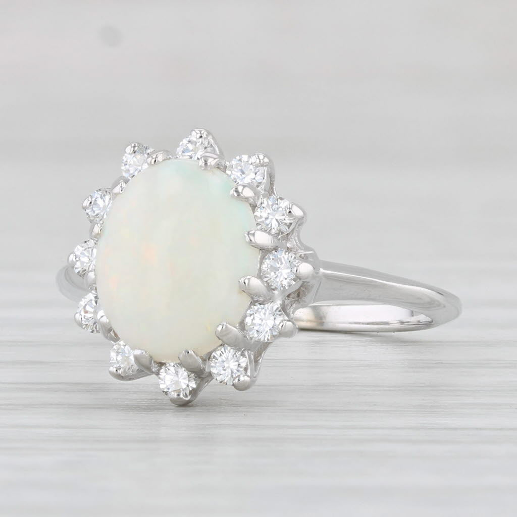 Light Gray Oval Cabochon Opal 0.36ctw Diamond Halo Ring 14k White Gold Size 7.75
