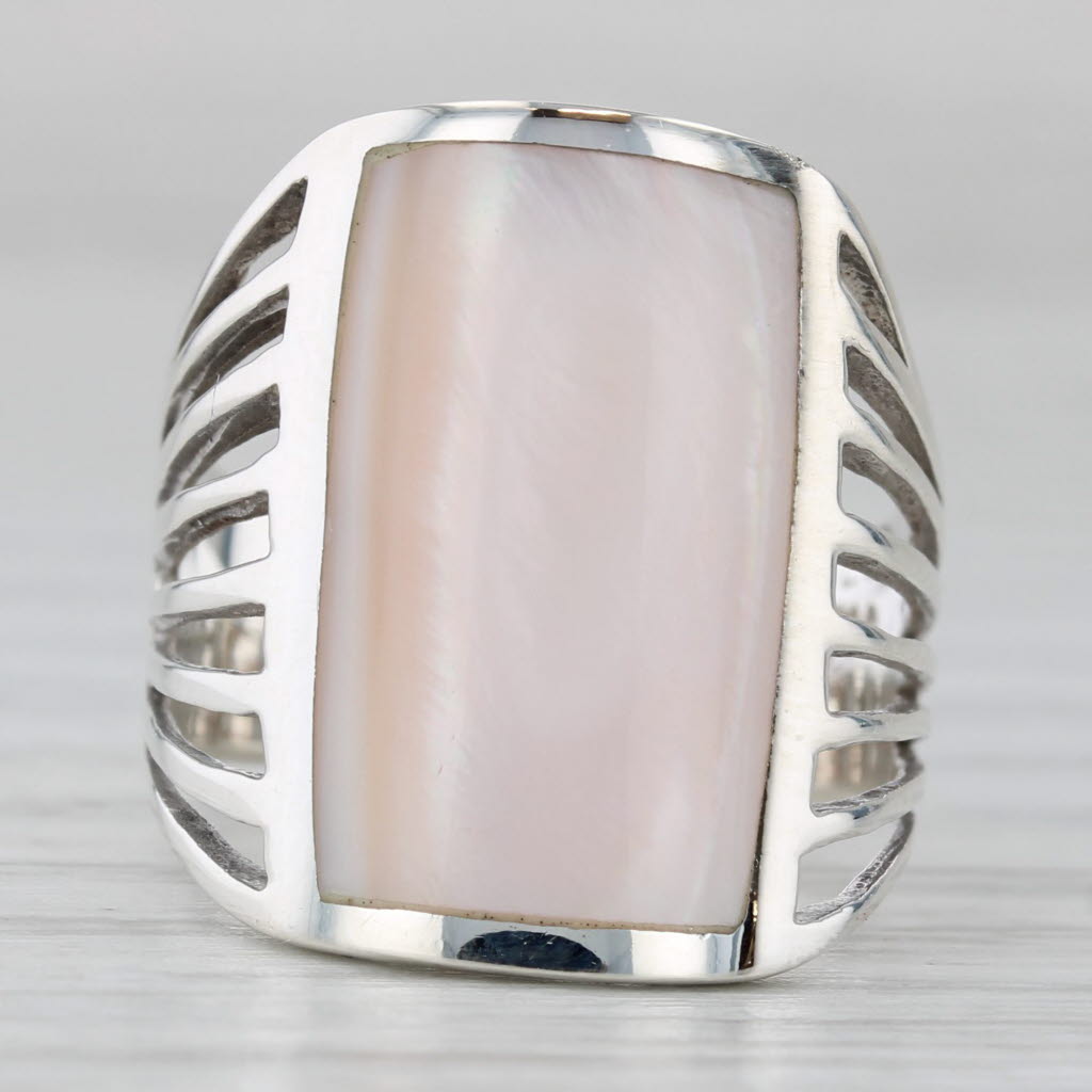 Light Gray Pink Mother of Pearl Ring Sterling Silver Size 5.75 Statement