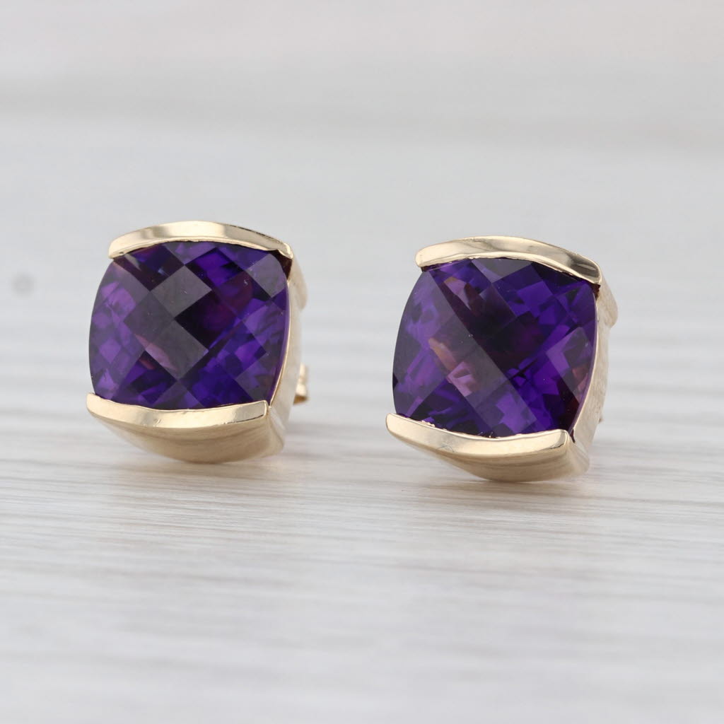 Narco 8.50ctw Amethyst Stud Earrings 14k Yellow Gold Cushion Solitaire Studs