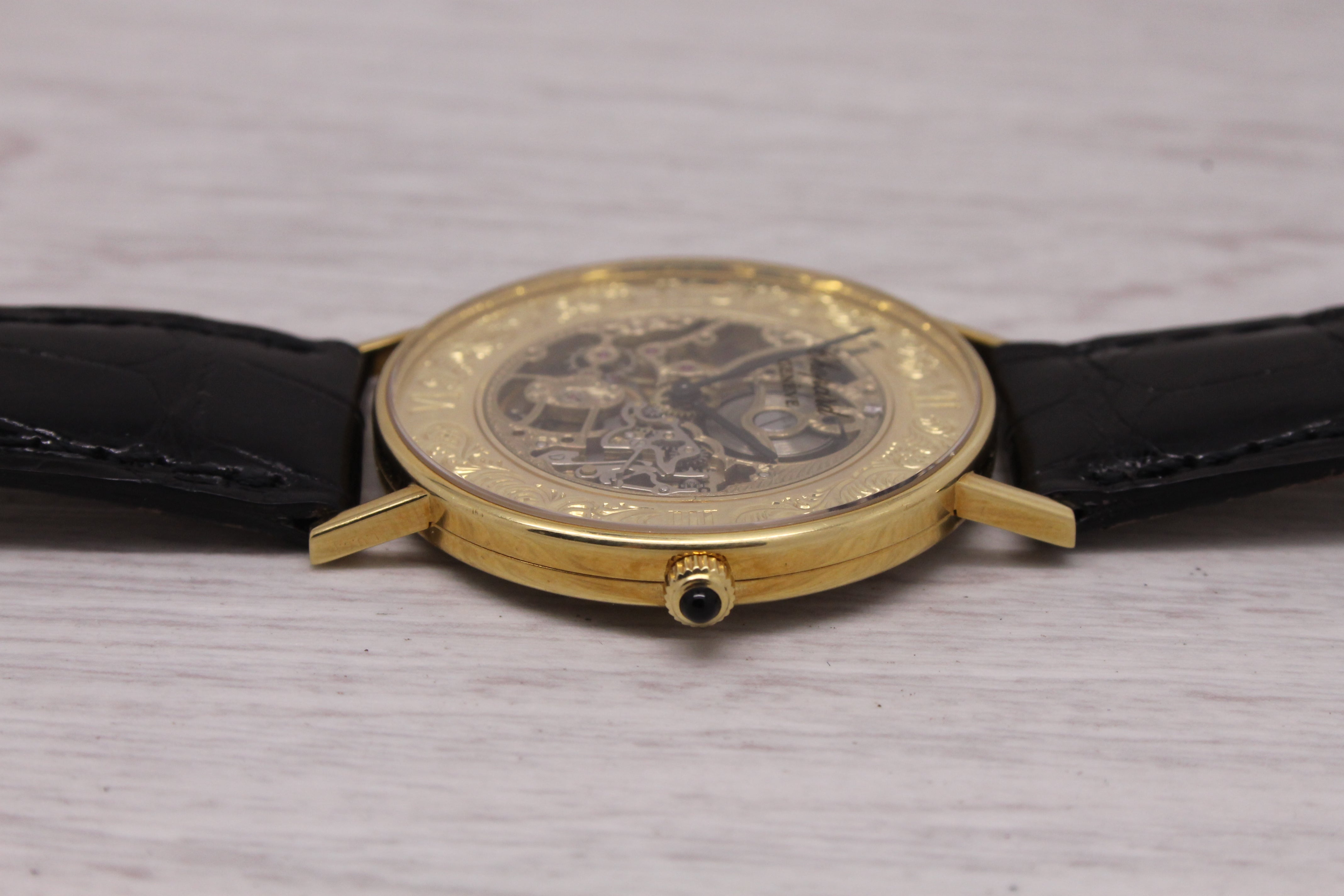 Dark Gray Vintage Chopard 18k Yellow Gold Skeleton Watch ref.161032 w Box & Band Very Rare