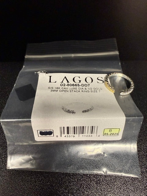 New Lagos Caviar Lux 2-Toned Diamond Open Stacking Ring Sterling Silver 18k Gold