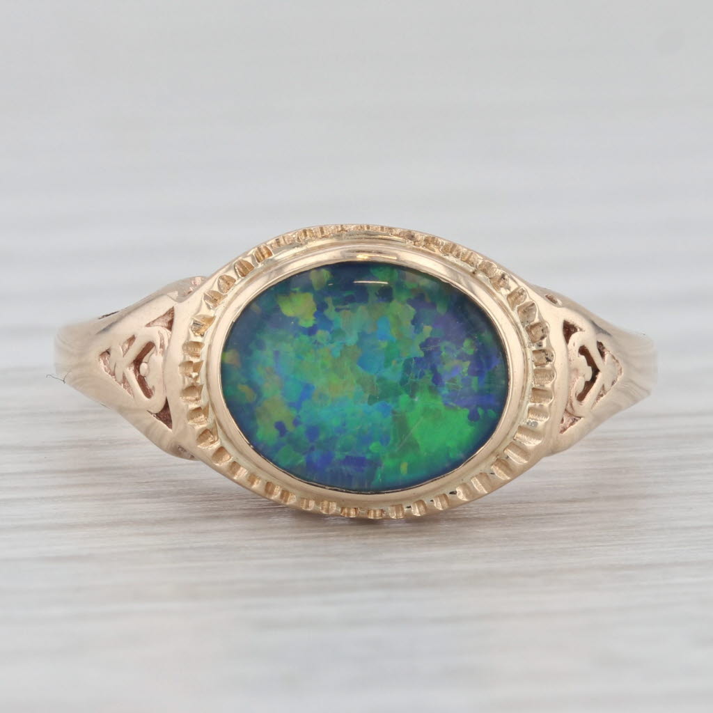 Gray Vintage Church & Co Colorful Opal Triplet Solitaire Ring 14k Yellow Gold Size 8