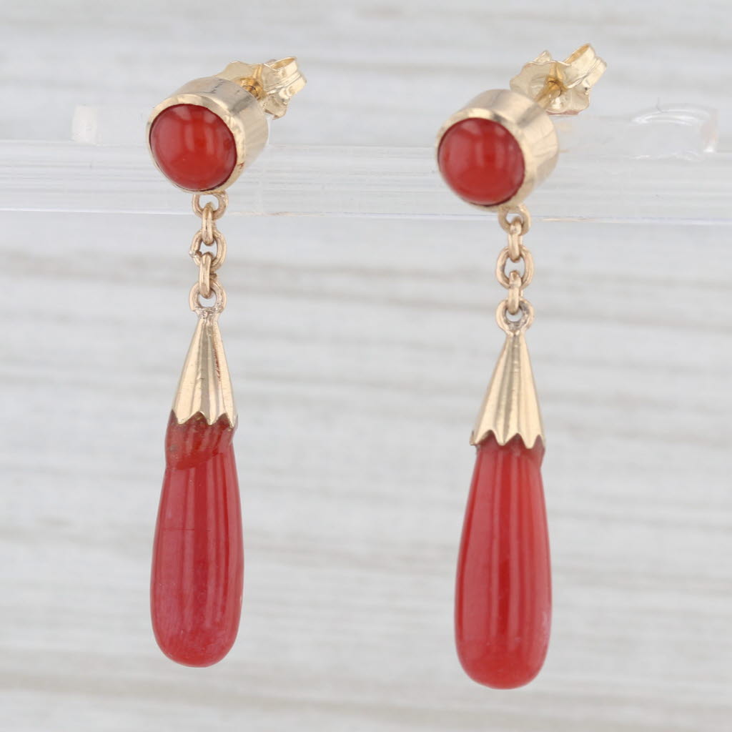 Light Gray Red Coral Drop Earrings 10k Yellow Gold Pierced Dangles