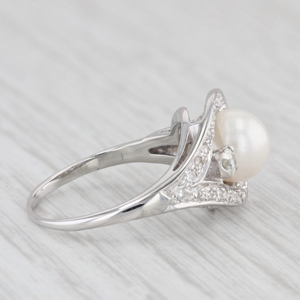 Light Gray Vintage Pearl Diamond 18K White Gold Size 5 Teardrop Ring