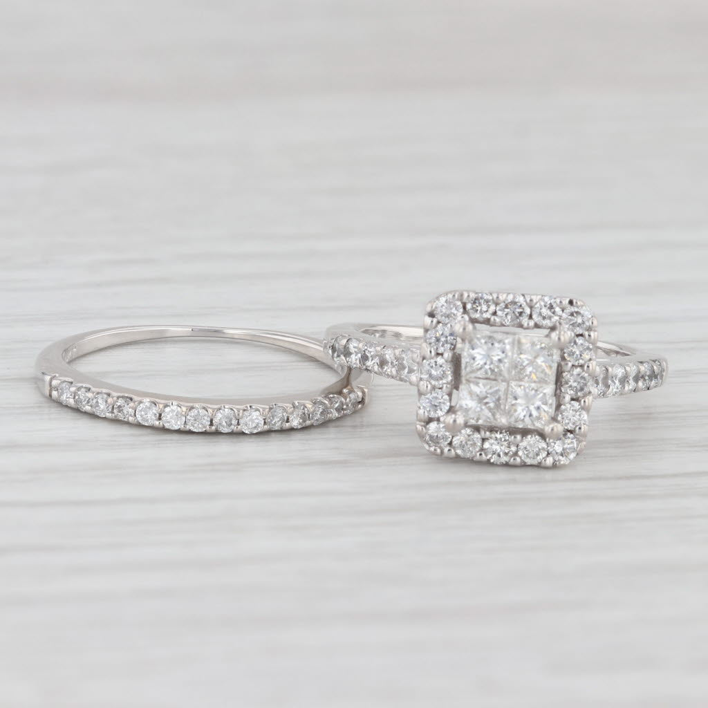 Light Gray 0.90ctw Princess Diamond Halo Engagement Ring Wedding Band 14k White Gold Size 6
