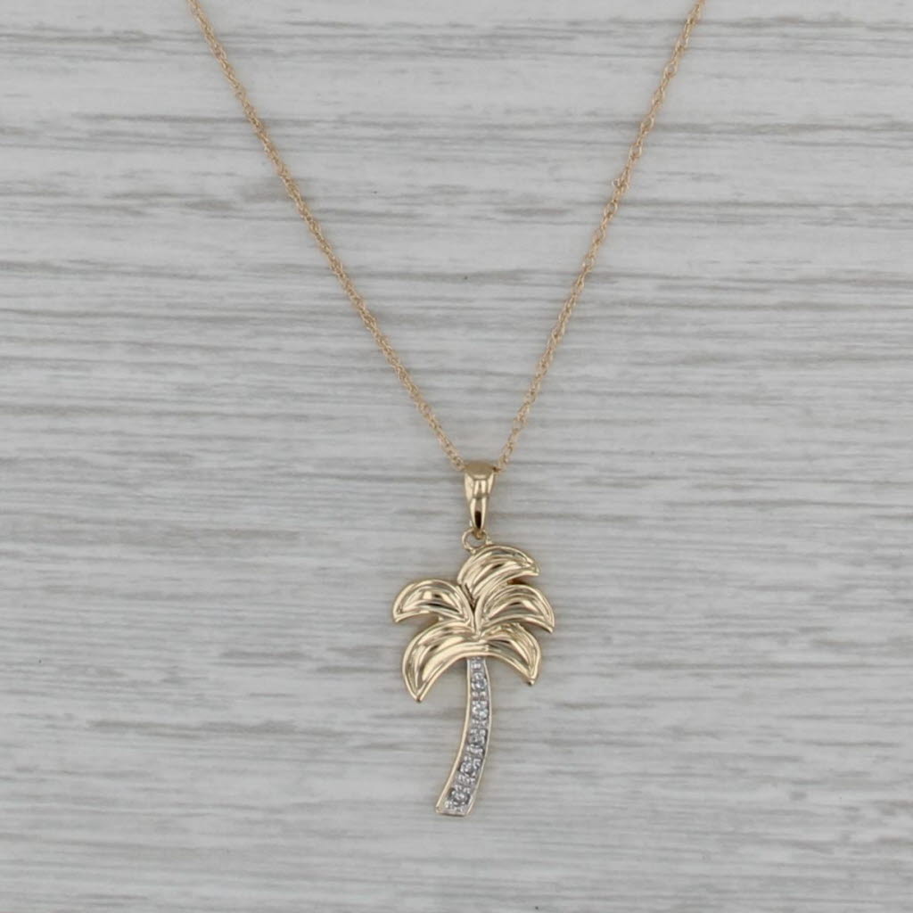 Diamond Palm Tree Pendant Necklace 14k Yellow Gold 18.25" Rope Chain