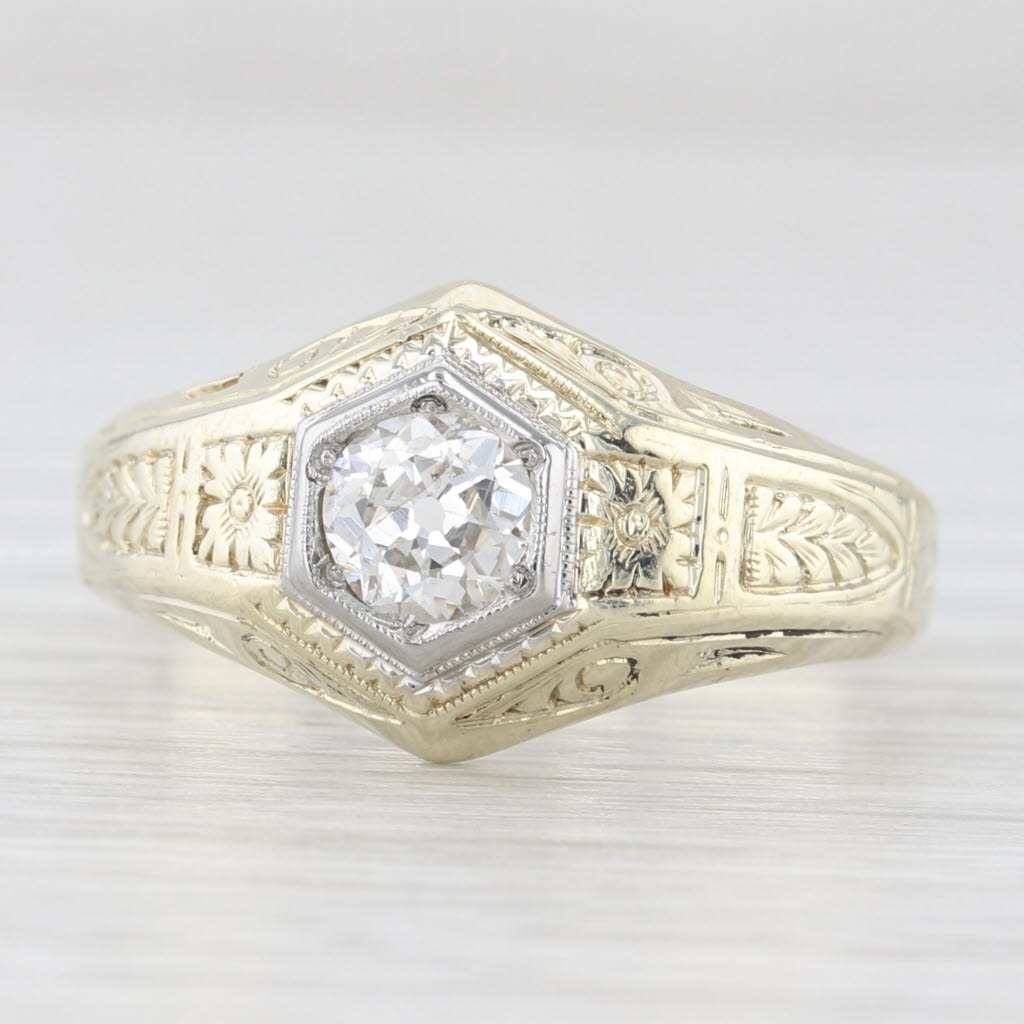 Light Gray Vintage 0.50ct Diamond Solitaire Ring 14k Yellow Gold Floral Art Deco Engagement