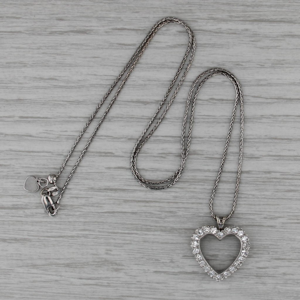 0.44ctw Diamond Heart Pendant Necklace 14k White Gold 20" Adjustable Wheat Chain
