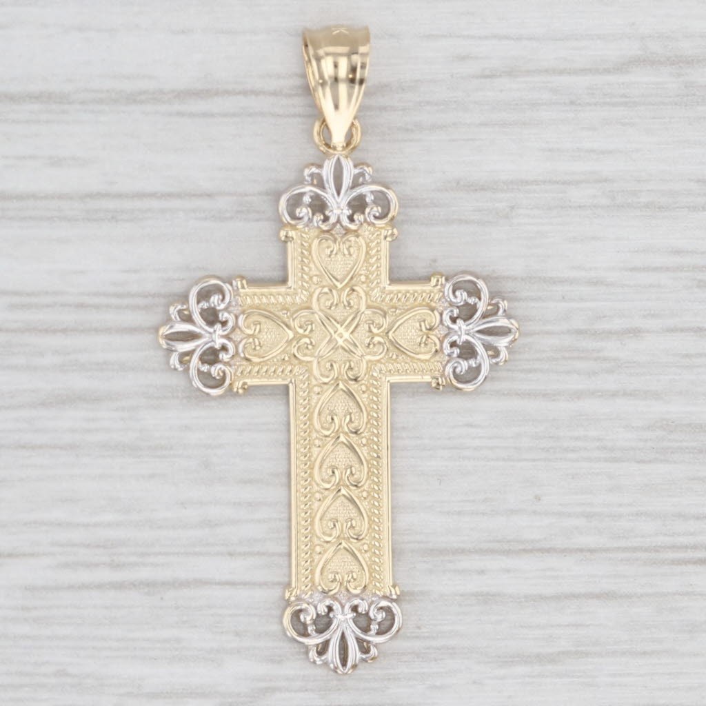 Light Gray Ornate 2-Toned Cross Pendant 14k Yellow & White Gold