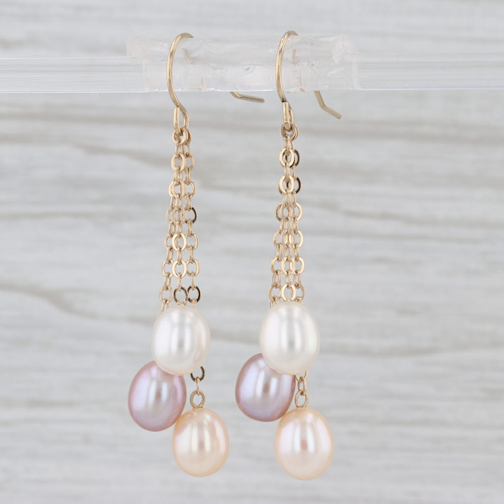 Pink & White Cultured Pearl Dangle Earrings 14k Yellow Gold Hook Posts