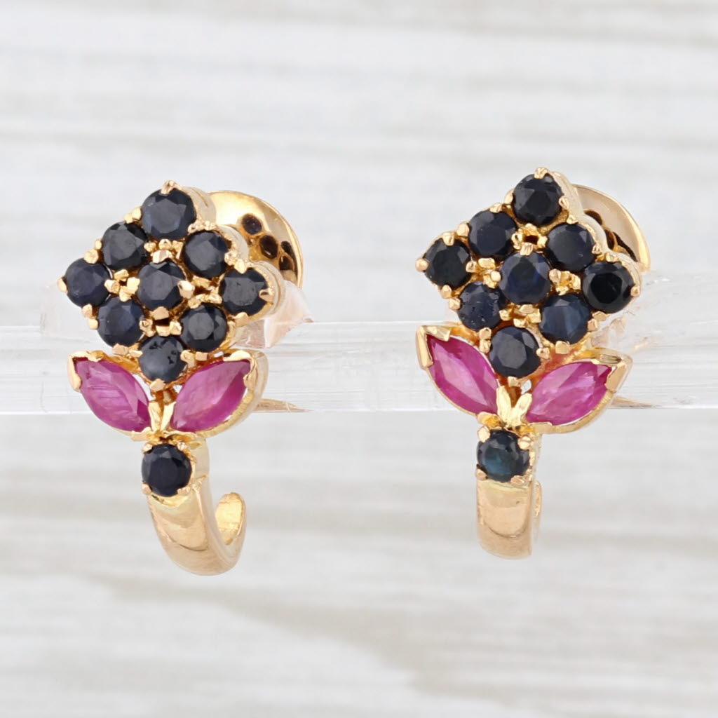 Light Gray 1.84ctw Blue Sapphire Ruby Flower J-Hook Earrings 22k Yellow Gold Screw Back