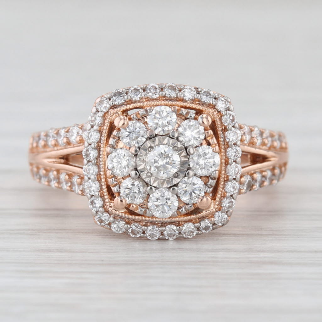 0.91ctw Diamond Cluster Halo Engagement Ring 10k Rose Gold Size 6