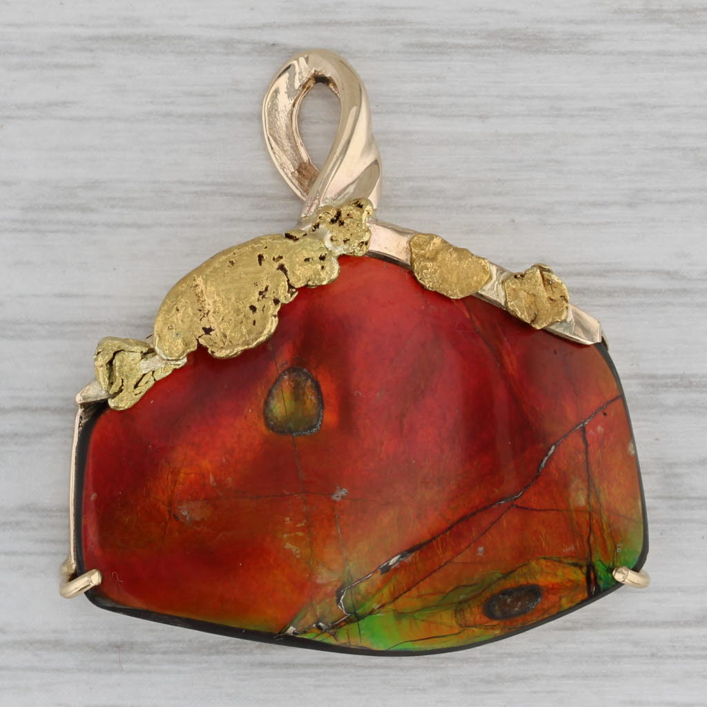 Gray Artisan Rainbow Ammolite Gold Nugget Statement Pendant 14k 22k Yellow Gold