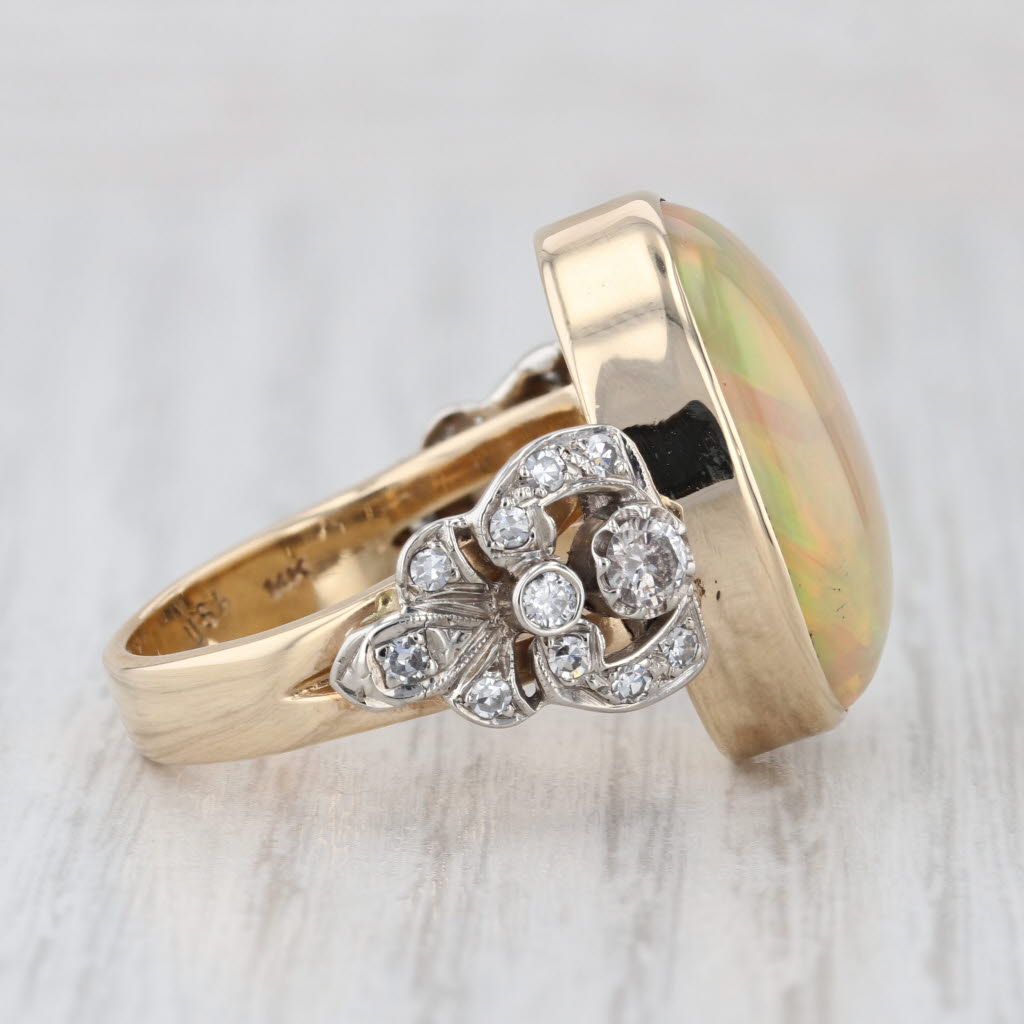 Vintage Opal Cabochon Diamond Ring 14k Yellow Gold Size 8.5 Cocktail