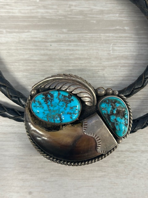 Gray Vintage Native American Turquoise Claw Bolo Tie Necklace Sterling Silver Leather