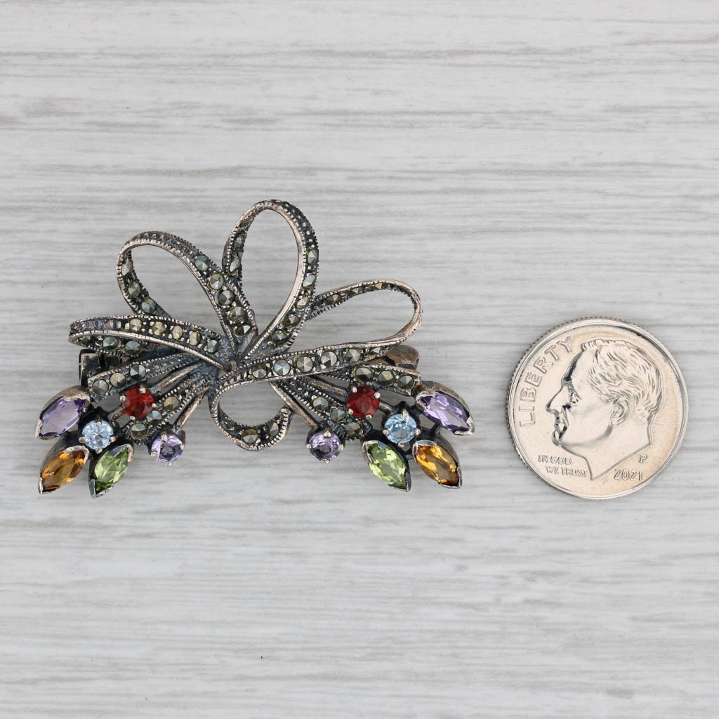 Gray Vintage 1.92ctw Gemstone Bow Brooch Sterling Silver Amethyst Citrine Peridot Pin