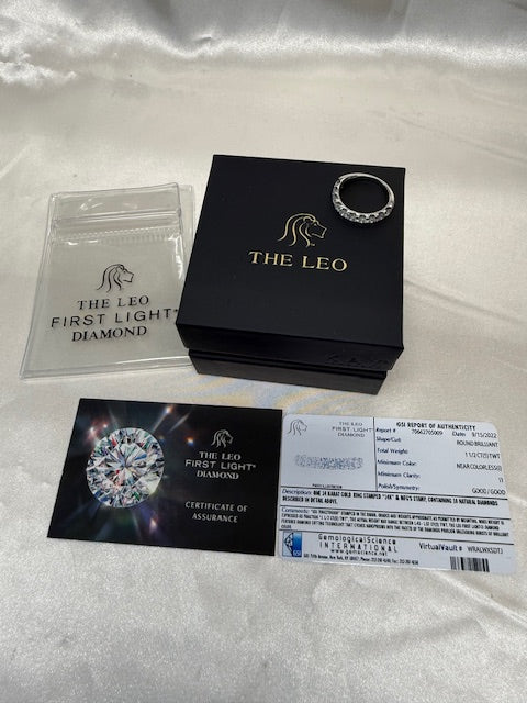 Leo First Light 1.45ctw Diamond Wedding Band Box GSI Sz 7.5 14k White Gold Ring
