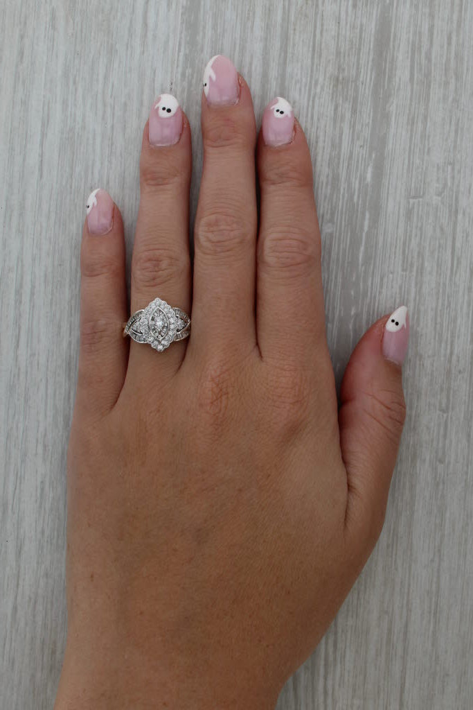 Vintage 0.748ctw Diamond Marquise Halo Engagement Ring 14k Gold Size 7