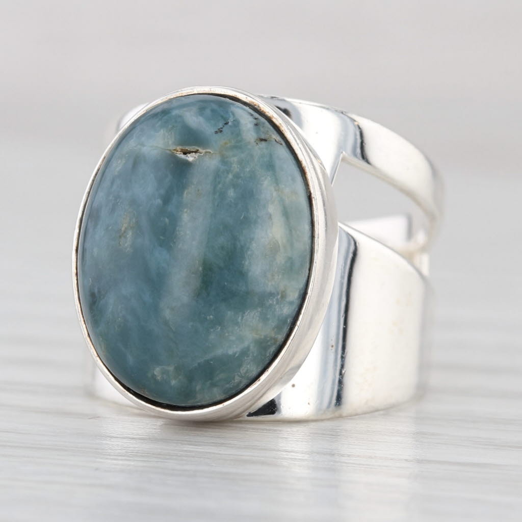 Larimar Oval Cabochon Solitaire Ring Sterling Silver Size 5.75 Statement