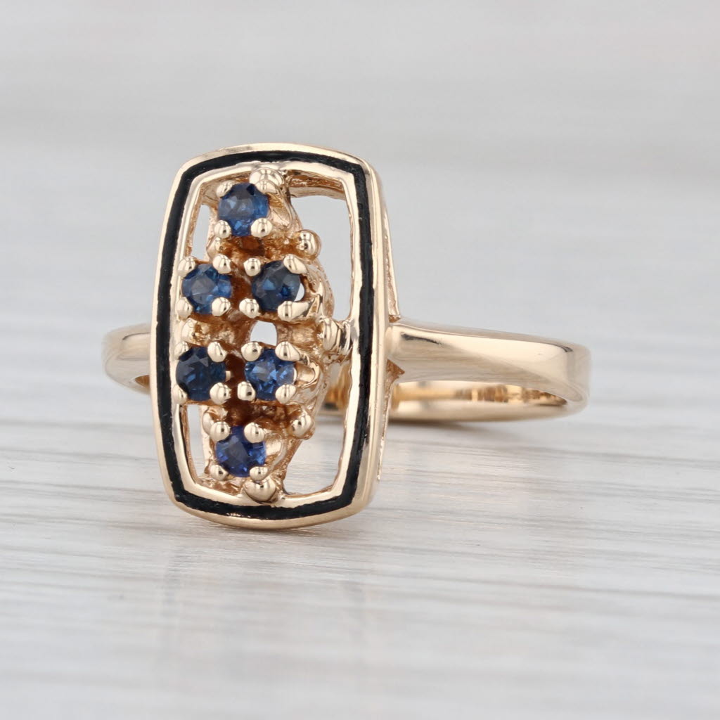Blue Sapphire Cluster Enamel Ring 14k Yellow Gold Size 6.75
