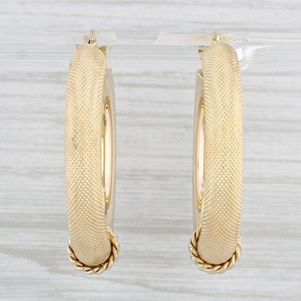 Light Gray Round Hoop Earrings 14k Yellow Gold Snap Top Hoops Textured Pattern