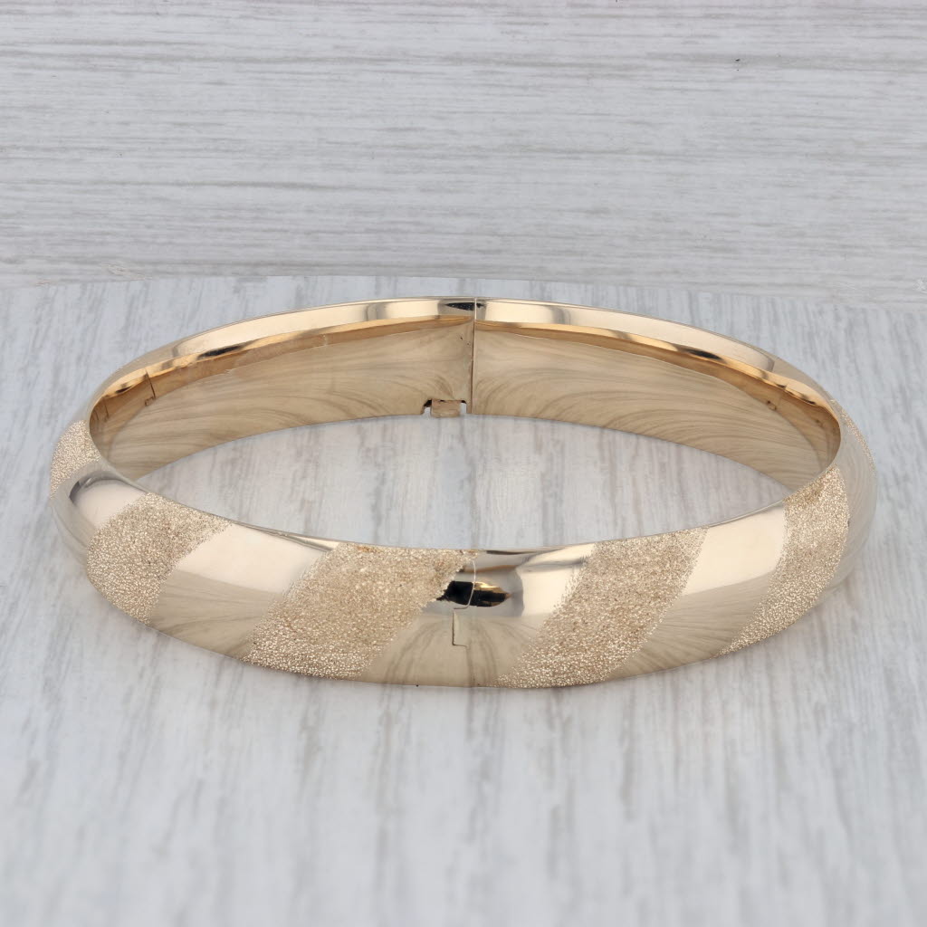 Gray Hinged Oval Bangle Bracelet 14k Yellow Gold Brushed Polished 7.75"