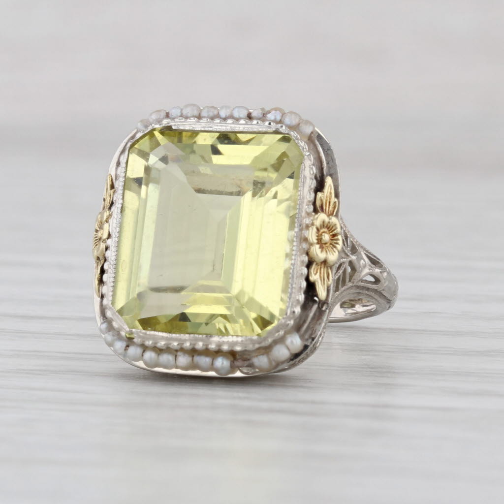 Vintage 8.25ct Lemon Quartz Seed Pearl Halo Ring 14k White Gold Floral Size 5.5