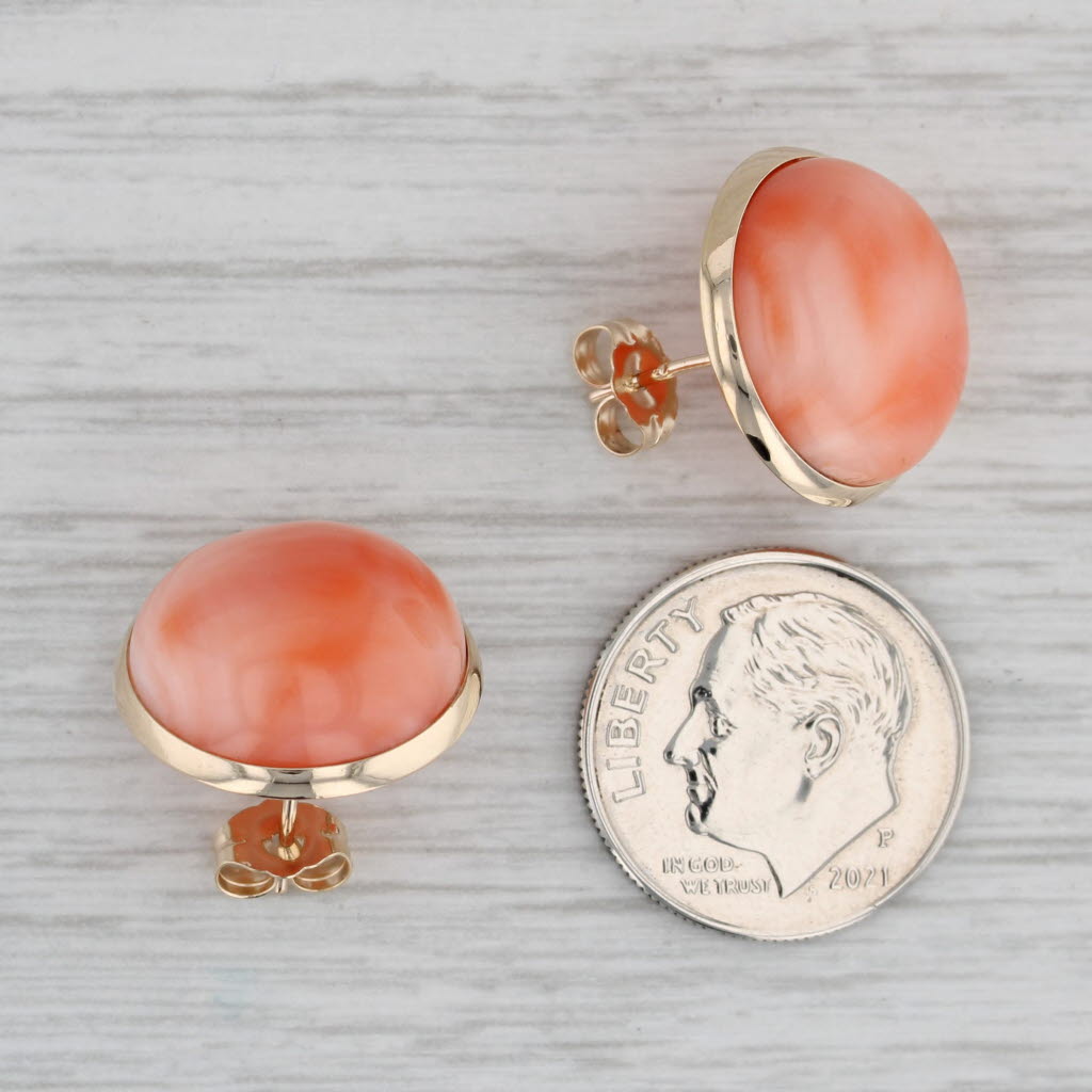 Gray Pink Coral Button Stud Earrings 14k Yellow Gold