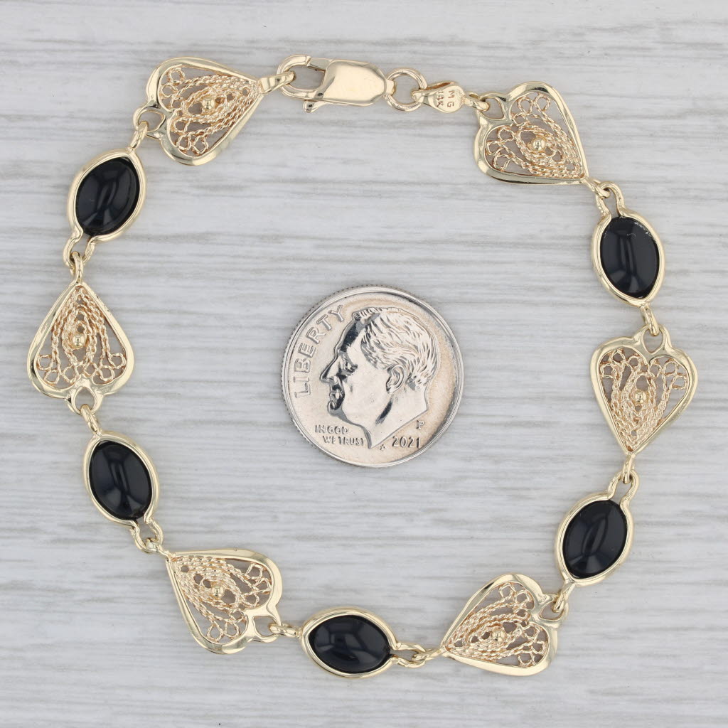 Gray Onyx Filigree Link Bracelet 14k Yellow Gold 7" 10.7mm