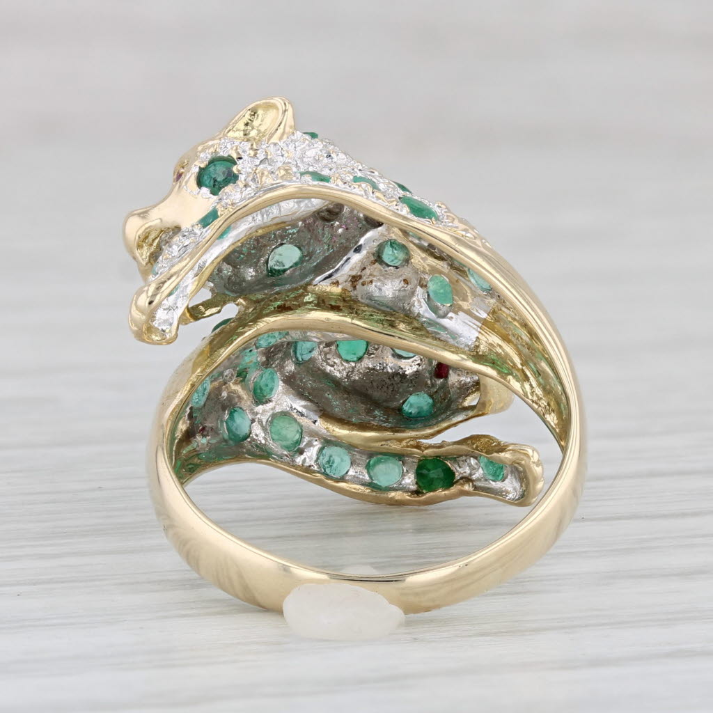 Light Gray 0.76ctw Emerald Ruby Diamond Panther Ring 14k Yellow Gold Size 6.5