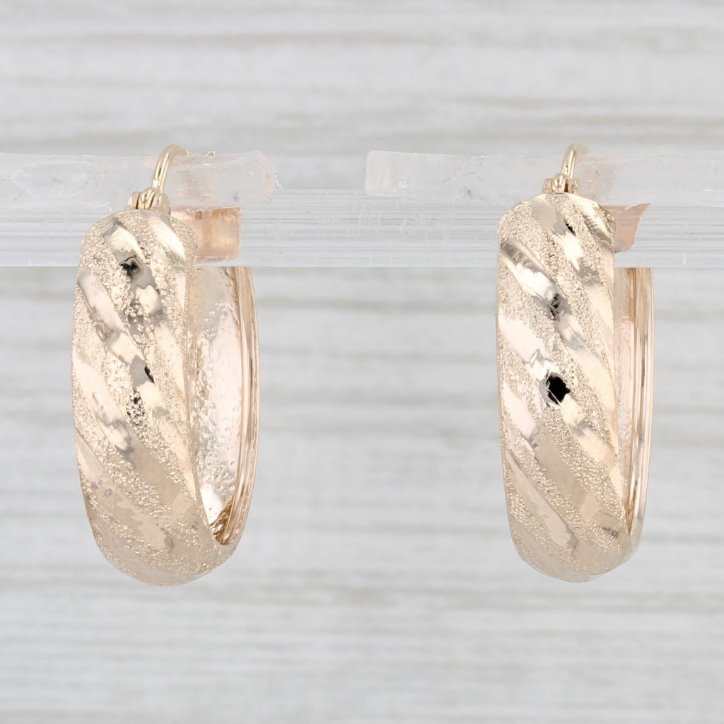 Light Gray Brushed Pattern Hoop Earrings 10k Yellow Gold Snap Top Round Hoops