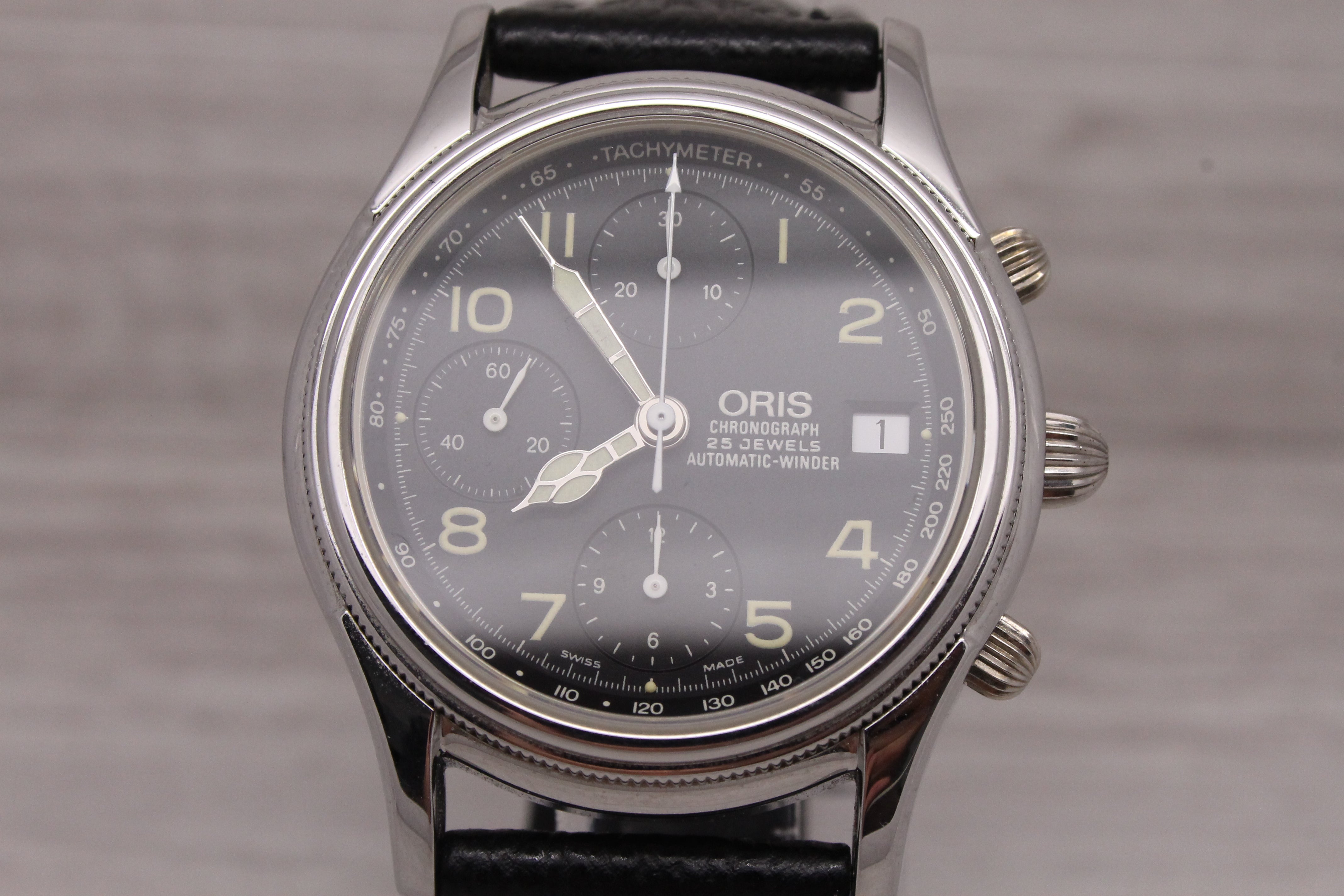 Light Slate Gray Oris 7415B Pilot 38mm Steel Automatic Chronograph Watch w Original Band & Box