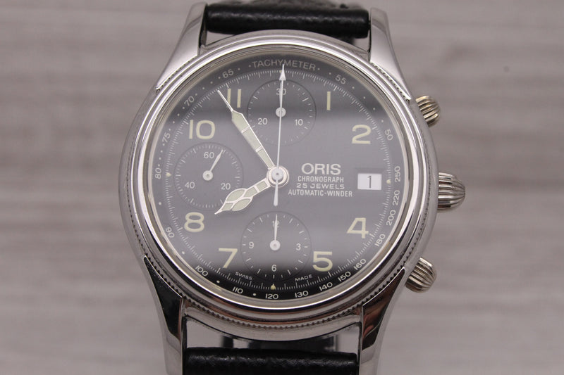 Oris 7415B Pilot 38mm Steel Automatic Chronograph Watch w Original Band & Box