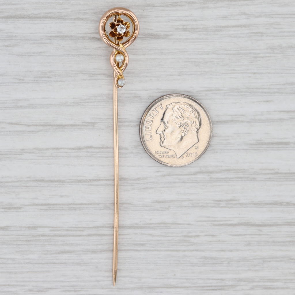 Light Gray Antique Diamond Seed Pearl Stickpin 10k Yellow Gold Pin