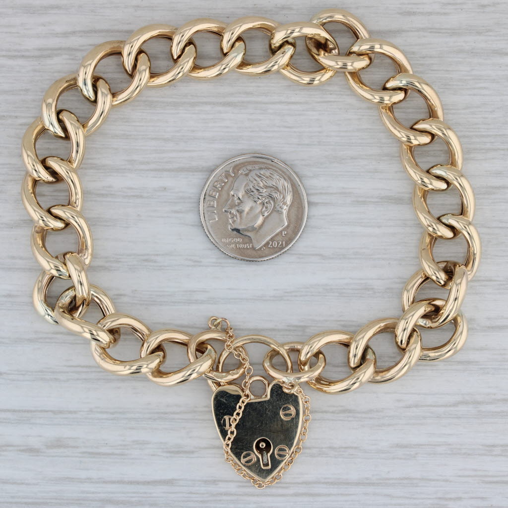 Gray Heart Padlock Charm Curb Chain Bracelet 9k Yellow Gold 7.5"