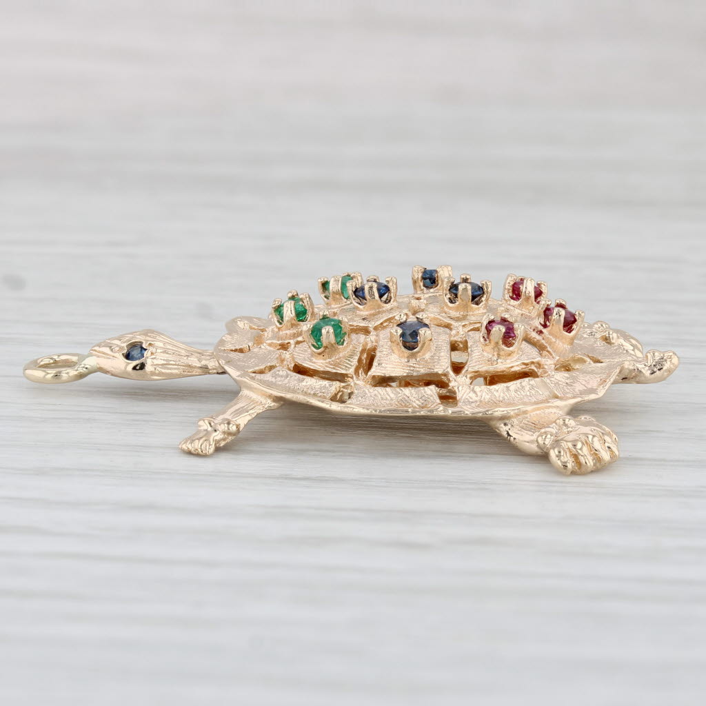 Light Gray 0.48ctw Gemstone Turtle Pendant 14k Yellow Gold Emerald Sapphire Ruby Charm