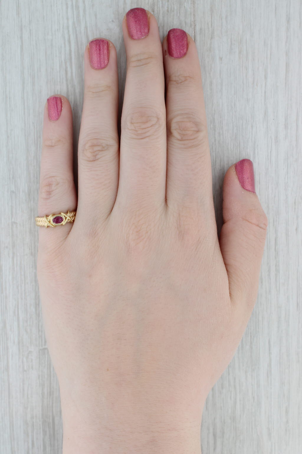 Gray Ruby Cabochon Solitaire Ruby Double Rope Band Ring 18k Yellow Gold Size 6
