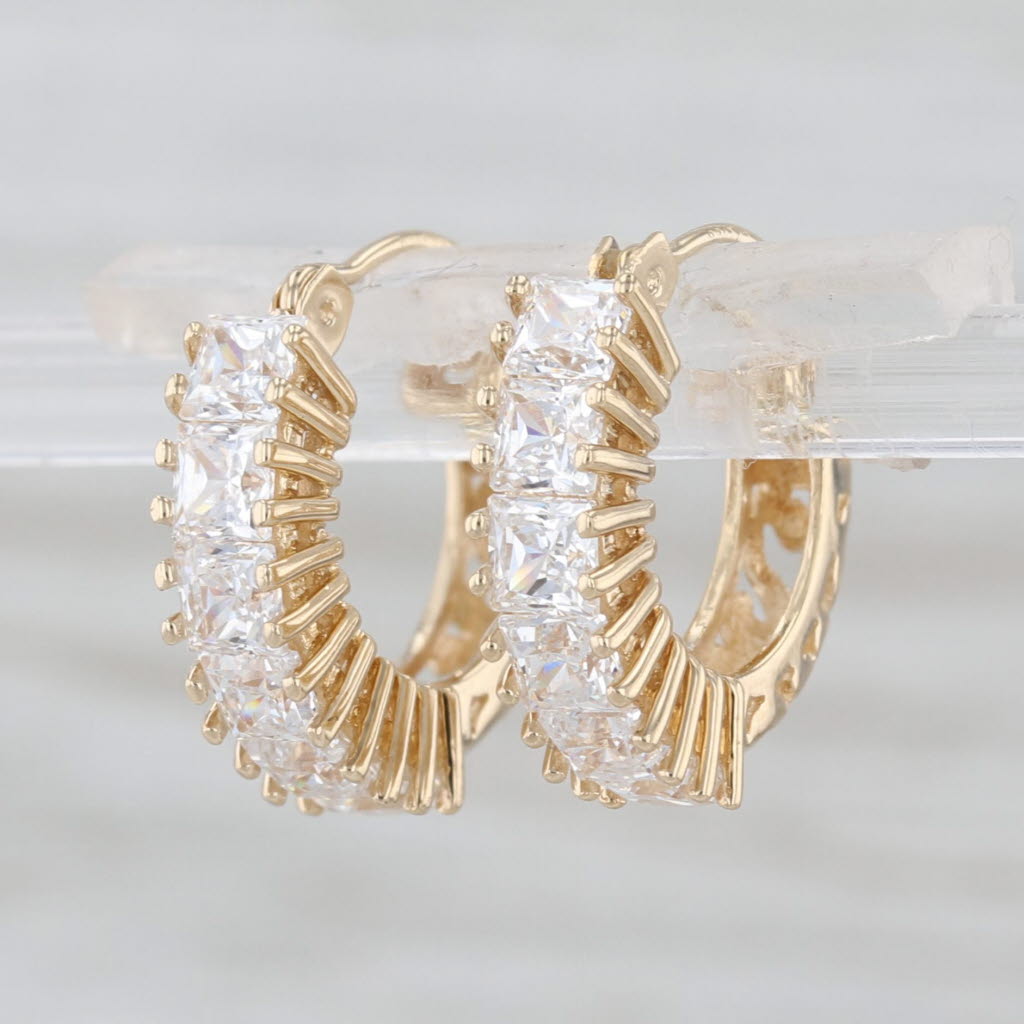 Cubic Zirconia Hoop Huggie Earrings 14k Yellow Gold Snap Top Hoops