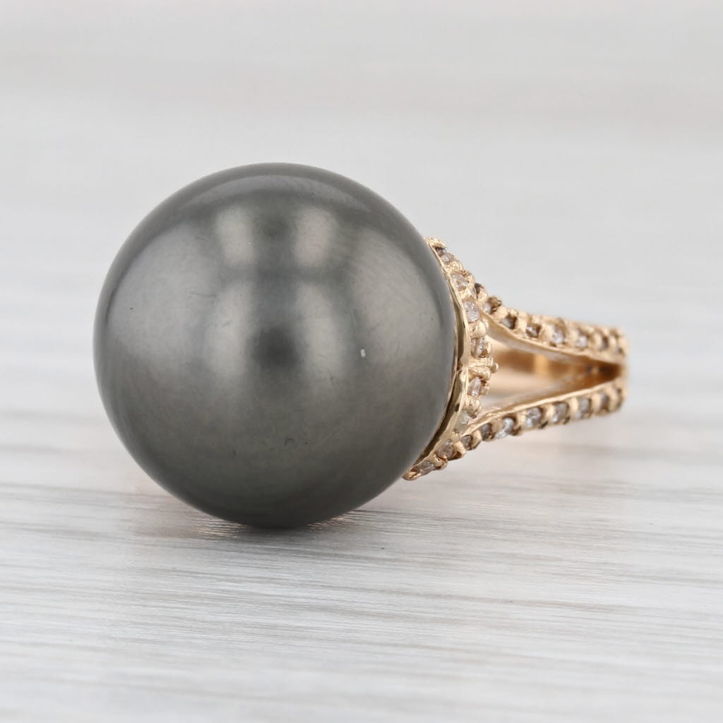 Cultured Black Pearl 0.21ctw Diamond Ring 14k Yellow Gold Size 6.25