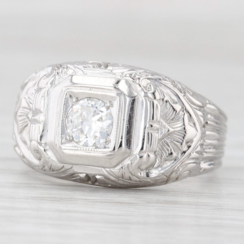 Light Gray Vintage 0.22ct Round Diamond Solitaire Engagement Ring 18k Gold Floral Size 4.75