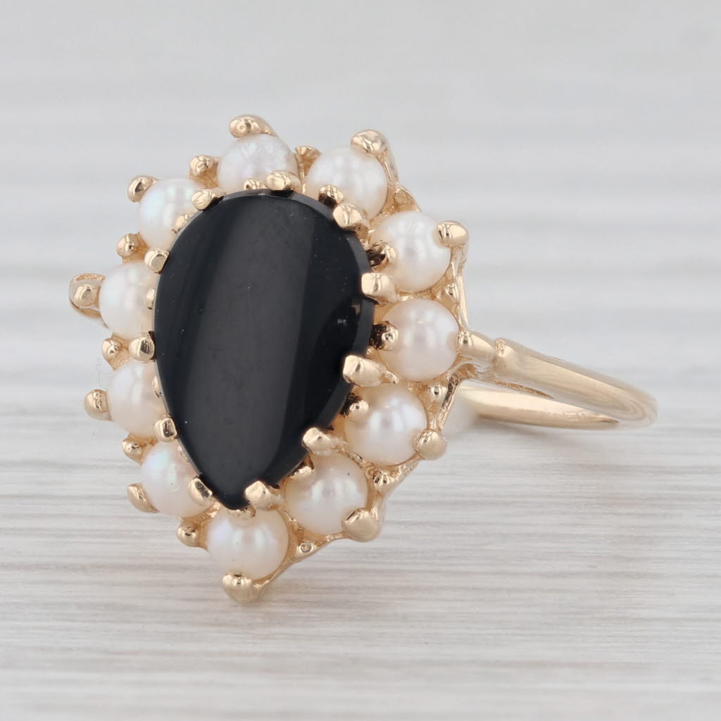 Light Gray Pear Onyx Pearl Halo Ring 14k Yellow Gold Size 5.5