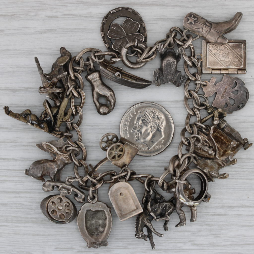 Dark Gray Vintage Mixed Themed Charm Bracelet Sterling Silver 6" Military Sports Animals