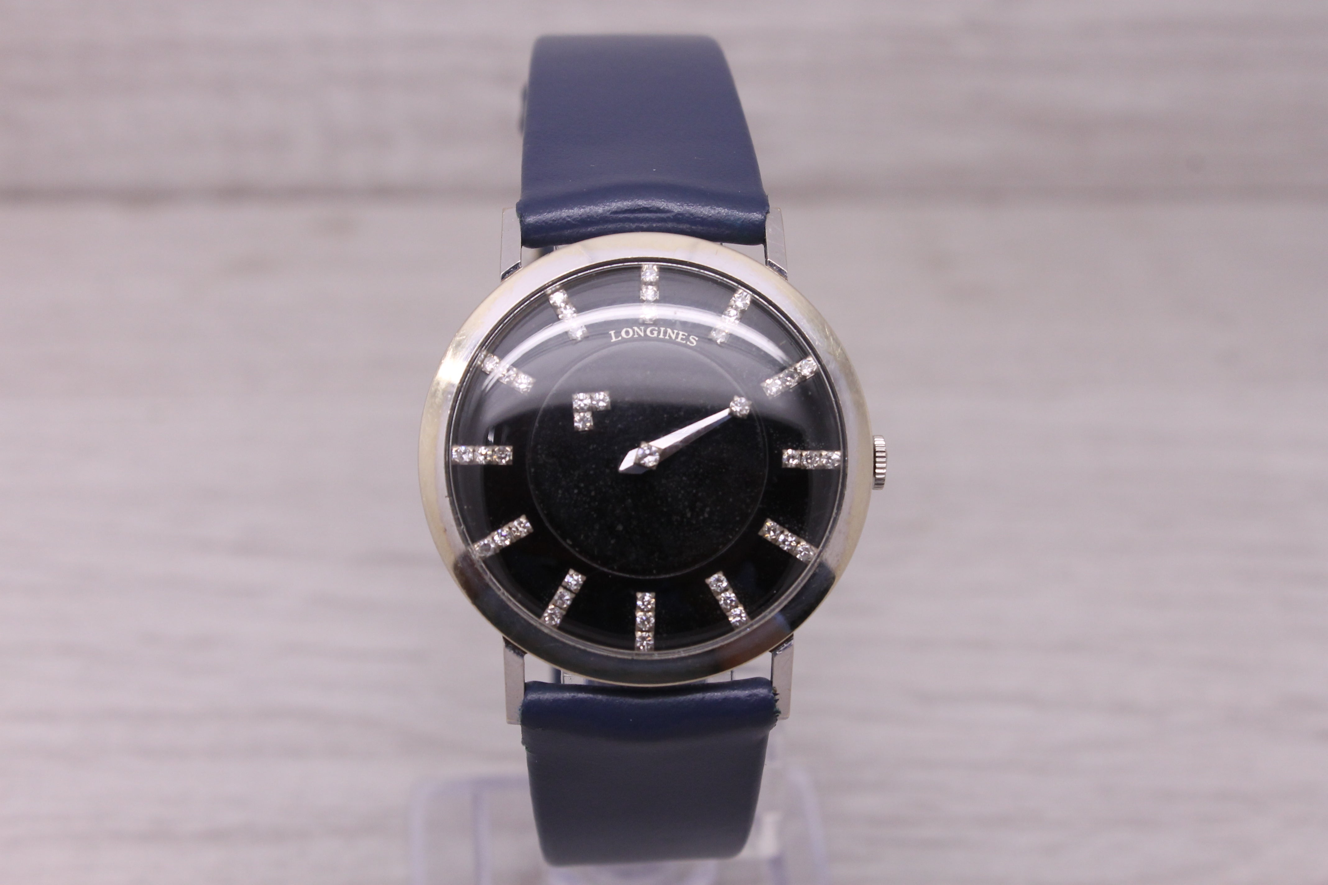 Dark Gray Vintage c1957 Longines 14k White Gold Mens Diamond Dial Mystery Watch Buckle Box